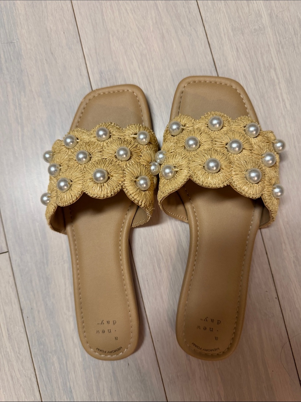 a new day Tan Woven Slide Sandals with Pearl Accents